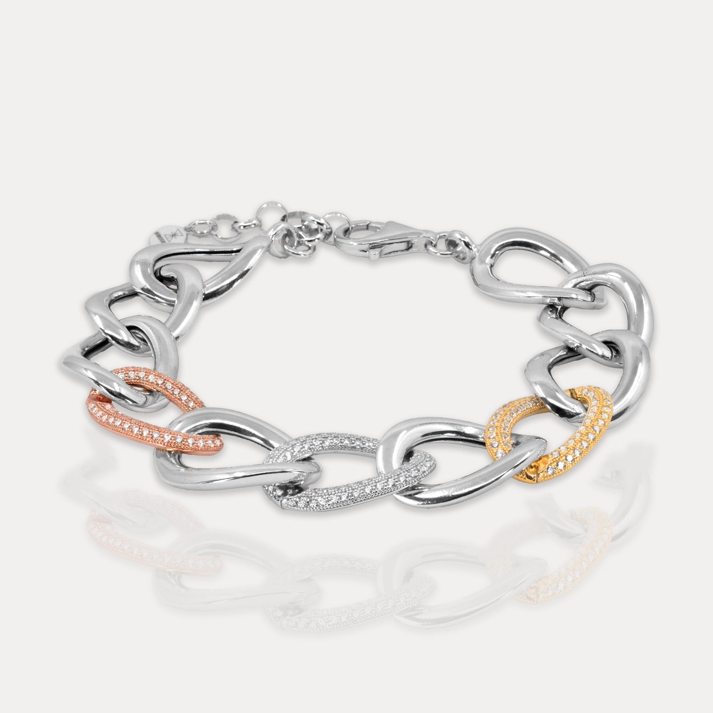 Riviera Rolo Link Bracelet, Tri-Color: White, Rose Gold, and Yellow Gold